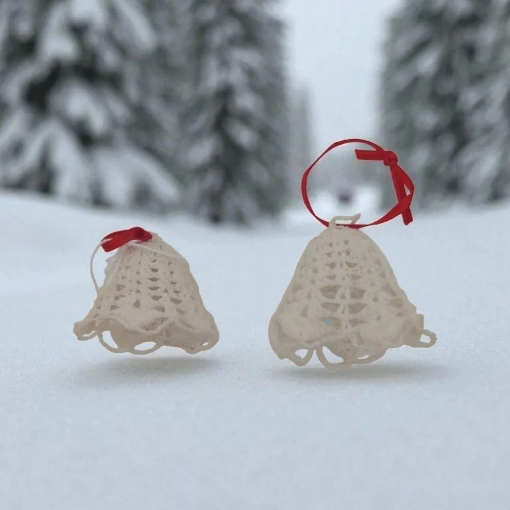 Vintage Starched Crochet Bell Pair Ornaments with Red Ribbon